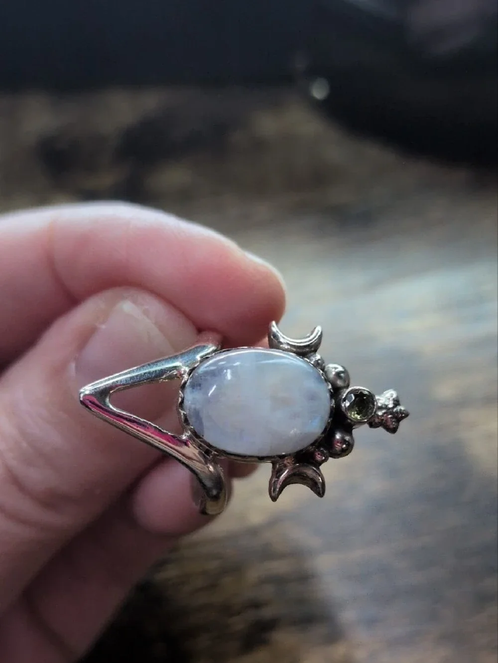 Silver Moonstone and Peridot Statement Ring - Moonlight Glow